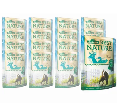Produktbild von Dehner Best Nature Katzenfutter, Nassfutter, für ausgewachsene Katzen, Wild / Ente / Nudeln, 16 x 85 g Beutel (1.36 kg)
