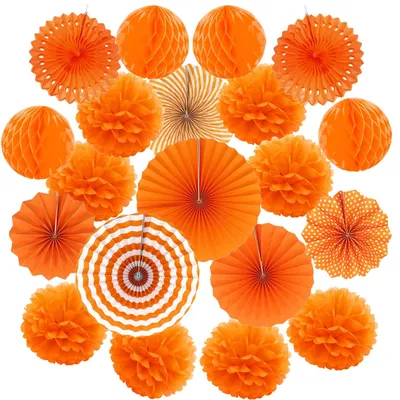 Papier-Deko-Set: Pompons, Fächer & Honigkugeln, Orange, 19-teilig