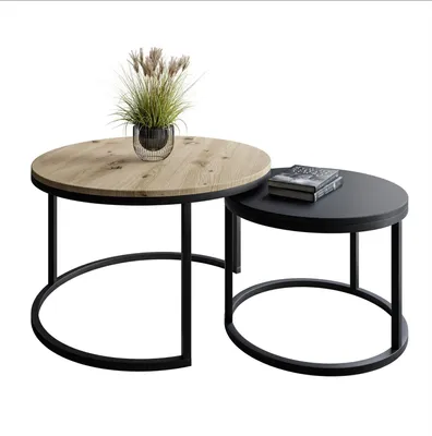 Two nesting coffee tables, one with a wood-look top and the other with a black top, displayed on a white background.