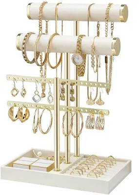 Produktbild von Schmuckorganizer mit 3 Ebenen, abnehmbarer Schmuckständer, Samt-Kettenständer für Halsketten, Ohrringe, Armbänder und Uhren