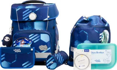 A set of school supplies including a backpack, a drawstring bag, a pencil case, and a lunchbox, all with a blue geometric pattern.
