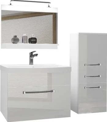 Produktbild von BELINI Badmöbel Vollausstattung Set Waschbeckenschrank, kleiner Schrank, Waschbecken, Spiegel, Lampe (Weiß, Glänzend)