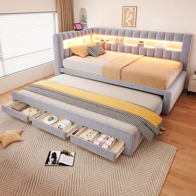 Produktbild von Merax Polsterbett Schlafsofa 90x190cm mit LED-Beleuchtung, Ausziehbett mit Stauraumschubladen,Tagesbett Daybett mit USB-C-Ladeanschluss,Samt,Hellgrau
