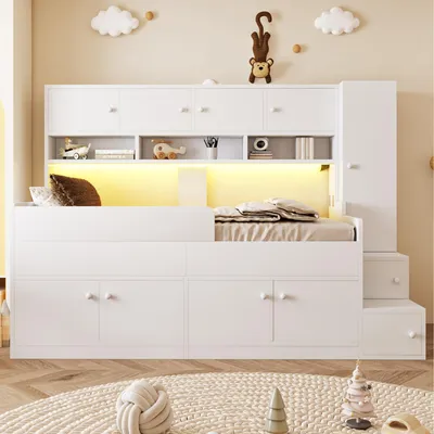Productafbeelding van Houten kinderbed 90 x 200 cm met opbergruimte, opbergvakken, kledingkast, klimladder, LED, veiligheidshek, wit