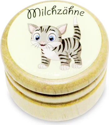 Produktbild von Milchzahndose Katze Zahndose Milchzähne Bilderdose aus Holz mit Drehverschluss 44 mm ( Katze )- 7019k