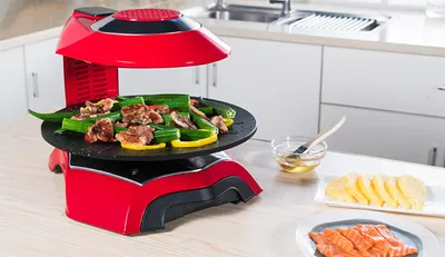Produktbild von Elektrogrill Rauchfreier Infrarot Elektrogrill mit 360° Drehfunktion Tischgrill mit LCD-Touchscreen, Antihaftplatte, leicht zu reinigen, Rot