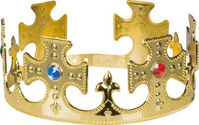 A golden crown with blue and red jewels against a white background.