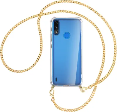 Produktbild von Handykette Backcover-Schutzhülle mit Band (Metall goldfarben) für Motorola Moto E7 Power, E7i Power - goldfarbene Kette