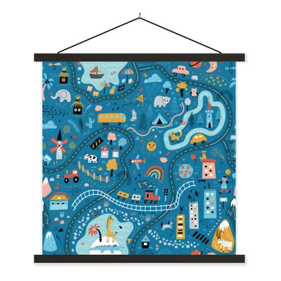 Produktbild von MuchoWow® Textilposter Kinder - Auto - Tiere - Blau 90x90 cm mit schwarzem Rahmen - Magnetisches
