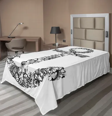 Produktbild von ABAKUHAUS Anker Bettlaken, Anker Form Blumen mit Blumenverzierungs Schattenbild Ferien Alter Zeit Glück Druck, weiches bequemes oberes Bettlaken für ein dekoratives Bett 1 Stück 190 cm x 100 cm, Weiß Schwarz
