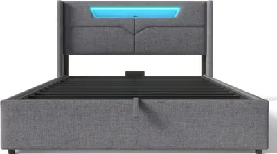 Produktbild von MODFU Boxspringbett Hydraulisches 160 x 200 cm mit LED-Beleuchtung, Polsterbett Funktionelles mit USB-Ladeanschluss, Doppelbett Stauraumbett mit Bettkasten Stauraum, Leinenmaterial Grau(Ohne Matratze)