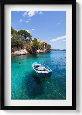 Produktbild von Boot auf dem türkisfarbenen Meer– Wandbild mit Rahmen – Gerahmtes Bild  – Wanddekoration – 40x60 cm –  Schwarz