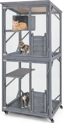 Produktbild von GOPLUS Katzenhaus Outdoor mit 4 Ebenen, Katzengehege mit Sprungbereich & Katzenhöhle, Katzenkäfig mit 4 Türen & Rollen, wetterfestes Katzenhaus