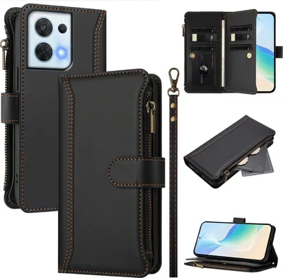 Image de Etui pour Oppo Reno8 5G, zippé, étui portefeuille en cuirPolyuréthaneavec pochettes pour cartes, support et dragonne noir