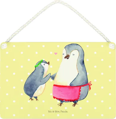 Produktbild von Mr. & Mrs. Panda Schild Pinguin mit Kind DIN A4 - Gelb Pastell - Geschenk, Holzschild, wandtafel, Muttertag, Türschild, Vorbild Mama, Pinguine, Wandbild Holz, Tochter