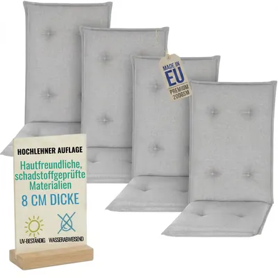 Produktbild von Pillows24 - 4x Hochlehner Auflagen 120x50x8 cm | Gesteppte Wetterfeste Gartenstuhlauflagen | Polster Sitzkissen für  Gartenmöbel |   EU | Grau