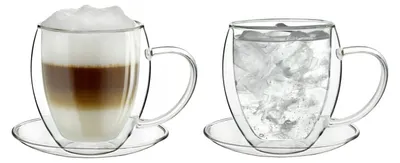 Produktbild von Creano doppelwandiges Thermoglas 250ml, 2er-Set, großes hitzebeständiges Teeglas BZW. Kaffeeglas aus Borosilikatglas, Tasse mit Untertasse, Glas