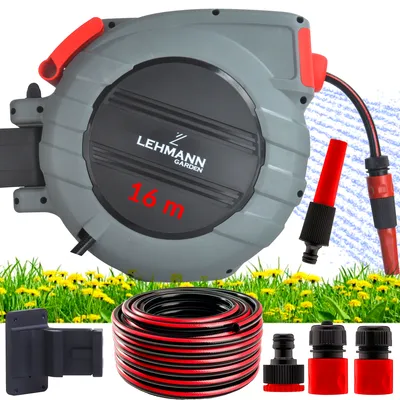 Zdjęcie produktu dla Lehmann LGAHR-1545 Wąż ogrodowy na bebnie, Automatyczny zwijacz na wąż 3/4" 16,5m, Zwijacz ogrodowy, wąż ogrodowy