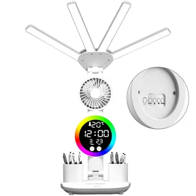 Produktbild von Schreibtischlampe mit Ventilator, wiederaufladbar, mit Uhr, Datumsanzeige und Stifthalter, ideal für Homeoffice und Studentenwohnheim