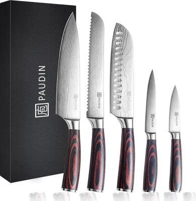 Image de PAUDIN NS5 - Set de couteaux 5 pièces - Couteaux japonais professionnels - Couteau de chef, pain, Santoku, office, éplucheur - Motif Damas