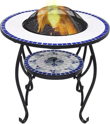Productafbeelding van Vuurtafel met mozaïek, keramiek, blauw en wit, 68 cm. Gasgestookte terrasverwarmer, buitenhaard, terrasverwarmer, tafelkachel