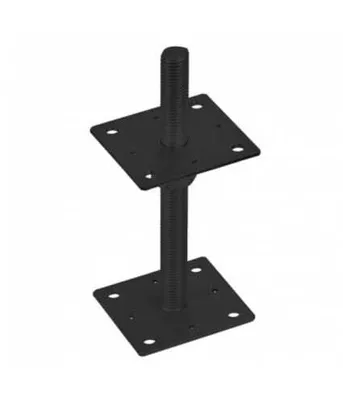A black metal post anchor with a threaded rod and two square plates.