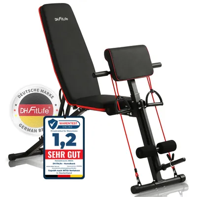Produktbild von DH FitLife, klappbares multifunktionales Trainingsgerät, Schrägbank mit Curlbank & Beinstrecker, 1.5mm Stahl, EVA-Schaumstoff, 173x53.5x94 cm aufgebaut, 91x31x31 cm klappbar, 200 kg, 7 Stufen