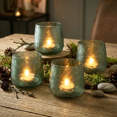 Produktbild von 4er Set Glas Windlicht Grün Grau H10cm Teelichthalter Rauchgrau Tischdeko