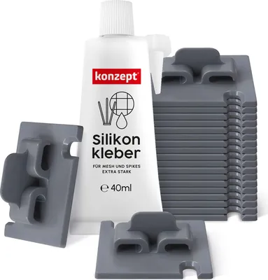 Produktbild von Konzept 11 - Klebehaken Draußen mit Montagekleber Extra Stark 40ml, Balkonnetz für Katzen, Fixierung für Katzennetz ohne Bohren, 20 Stück, Grau