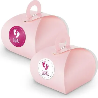 Produktbild von SET Danke Fußabdrücke (Motiv30) 24x Geschenkschachtel mit Griff rosa + Sticker