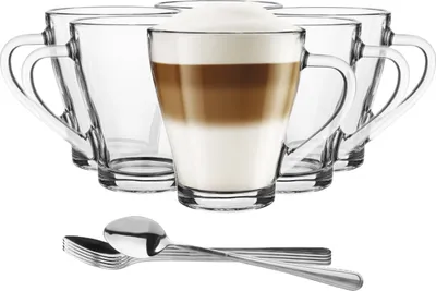 Zdjęcie produktu dla Szklanki z uchem +łyżeczki GLASMARK zestaw 6szt kubki na kawę latte 360ml