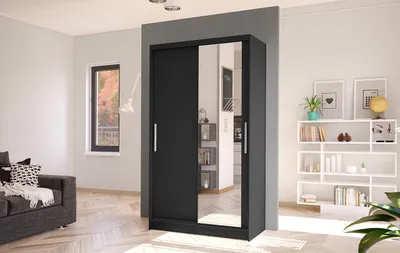 A modern black wardrobe with a mirrored door in a well-lit room.