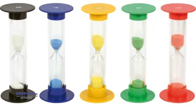 Zdjęcie produktu dla EDUPLAY 120601 Zestaw klepsydr duży, Ø 5,5 cm, wysokość 15 cm, 30 s, 1, 3, 5, 10 min, wielokolorowy, 5 sztuk (1 zestaw)