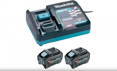 A Makita battery charger with two batteries shown against a white background.