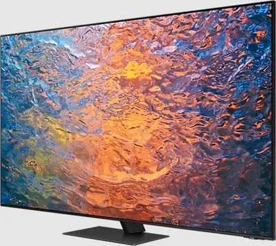 A side view of a Samsung Neo QLED 4K TV with a colorful abstract image displayed on its screen.