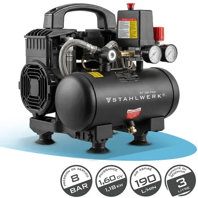 Image de Compresseur STAHLWERK avec réservoir de 3 L (ST-38 Pro) - sans huile & silencieux, 8 bar, compresseur d'air comprimé silencieux avec moteurs Brushless, 1,60 CV, 1,18 kW, 190 l/min