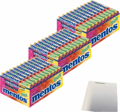 Produktbild von mentos fruit Kaudragees mit Fruchtgeschmack 3er Pack (3x40x38g Rollen) + usy Block