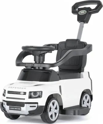A white toy car with a push handle and steering wheel.