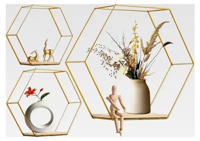 Produktbild von 3 Stück Hexagon Wandregal aus Metall in 3 Größen, Hängeregal für Wanddekoration in Wohnzimmer, Café, Hotel, Schlafzimmer und Bad