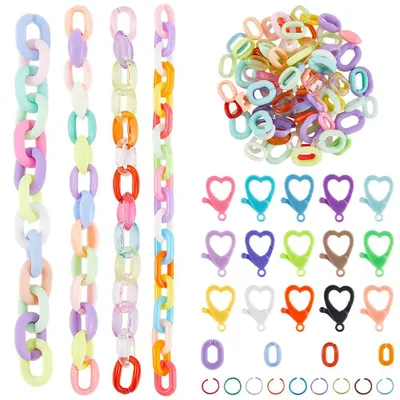 Image de Maillons de chaîne - 475 pièces.
Fermoirs mousqueton en acrylique - Fabrication de bijoux - Transparents, de différentes couleurs, forme ovale