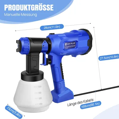 Obrázok produktu pre Elektrická striekacia pištoľ – systém striekania HVLP – 1 litrová nádoba – 4 trysky 1,0–2,5 mm – nastaviteľné množstvo farby – 3 striekacie vzory – konektor pre európsku zásuvku