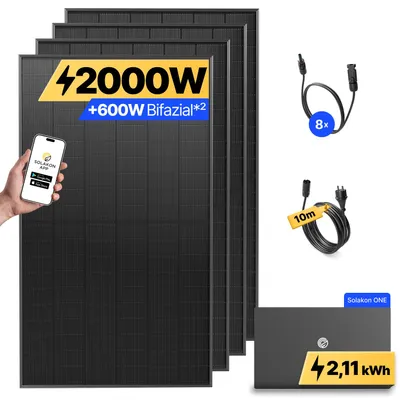 Produktbild von 2000W Balkonkraftwerk mit Speicher Solakon ONE (2,11 kWh) Solaranlage Steckerfertig WIFI Komplettset Photovoltaik Anlage 800W, Kabellänge: 10m
