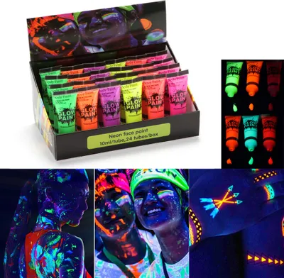 Produktbild von 24 Tubes 10ml / 0,34oz Art Body Paint Glühen in UV-Licht Gesichts- und Körperfarbe mit 6 Farben Glow Blacklight Neon fluoreszierend für Party Clubbing Festival Halloween Make-up