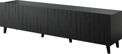 A black TV lowboard with a slatted front.