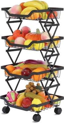 Zdjęcie produktu dla 4-poziomowy stojak na warzywa, czarny, z kółkami i koszem, do kuchni lub garażu
