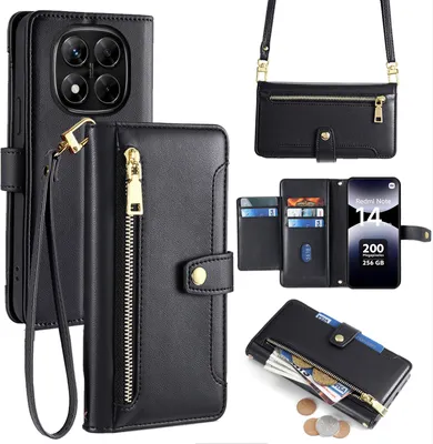 Produktbild von Handykette Xiaomi Redmi Note 14 Pro 4G Hülle mit Band Handyhülle Kartenfächer Kunstleder Umhängetasche in Schwarz