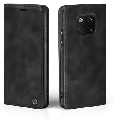 A black flip case for a Huawei Mate 20 Pro is shown from two angles.