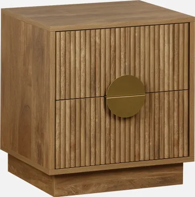 A wooden nightstand with two drawers and a gold circular handle.