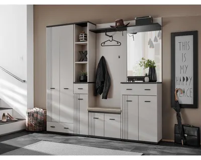 Image de Ensemble meuble d'entrée Hugo IV avec miroir, armoire et coussin d'assise - Bois MDF cachemire et noir - 210 x 203 x 32 cm