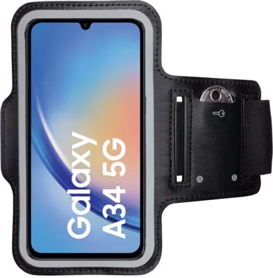 A black sport armband for a smartphone, with a phone inside displaying a Samsung Galaxy A34 5G screen.